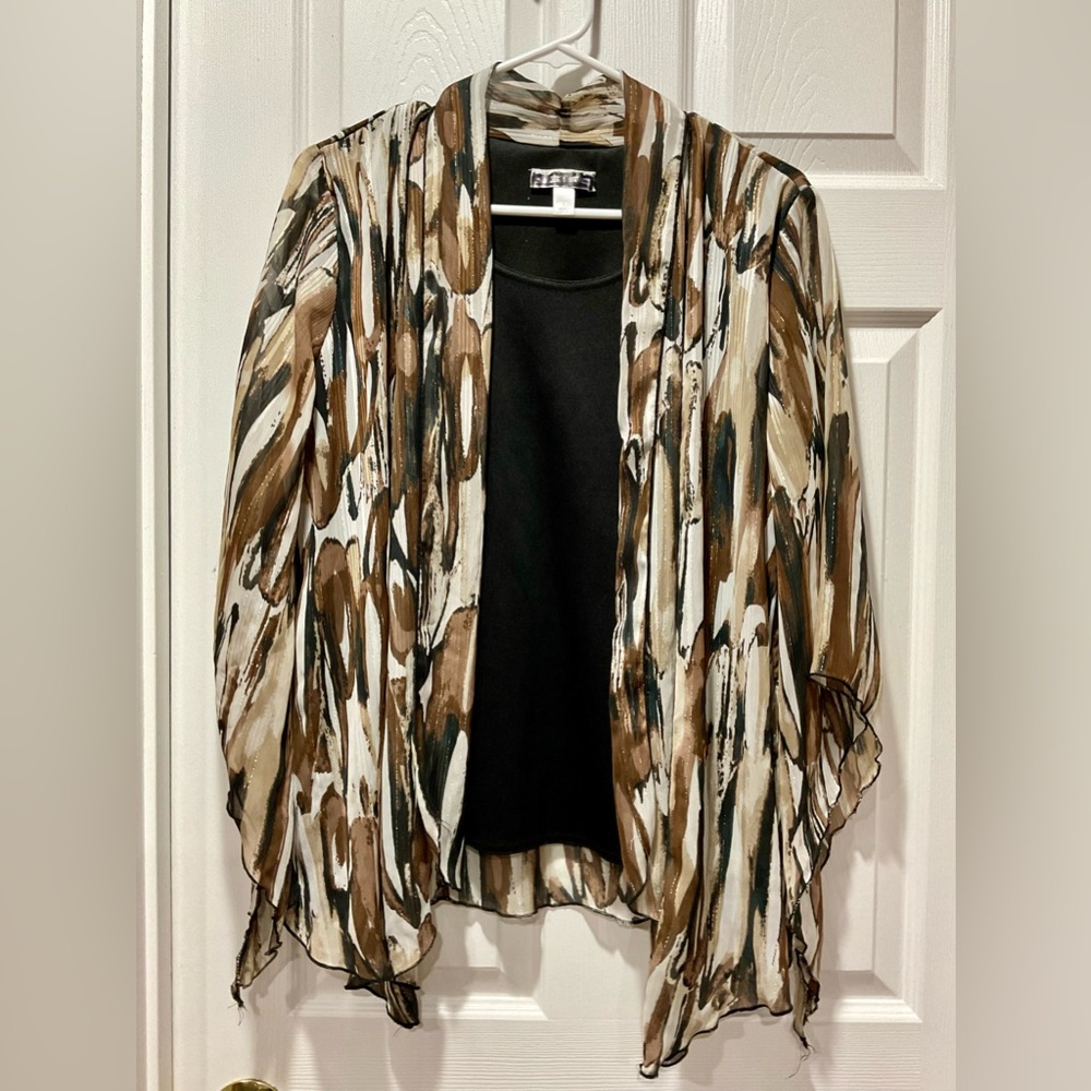 Lovely 1 piece open sheer blouse with draped sleeves black shell underneath top